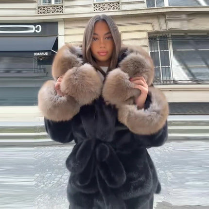 Cotton Lined Furry Fur Collar Belts Jacket Women Fashion Long Sleeve Thicken Warm Female Coat 2025 Winter Street Casual Outwear