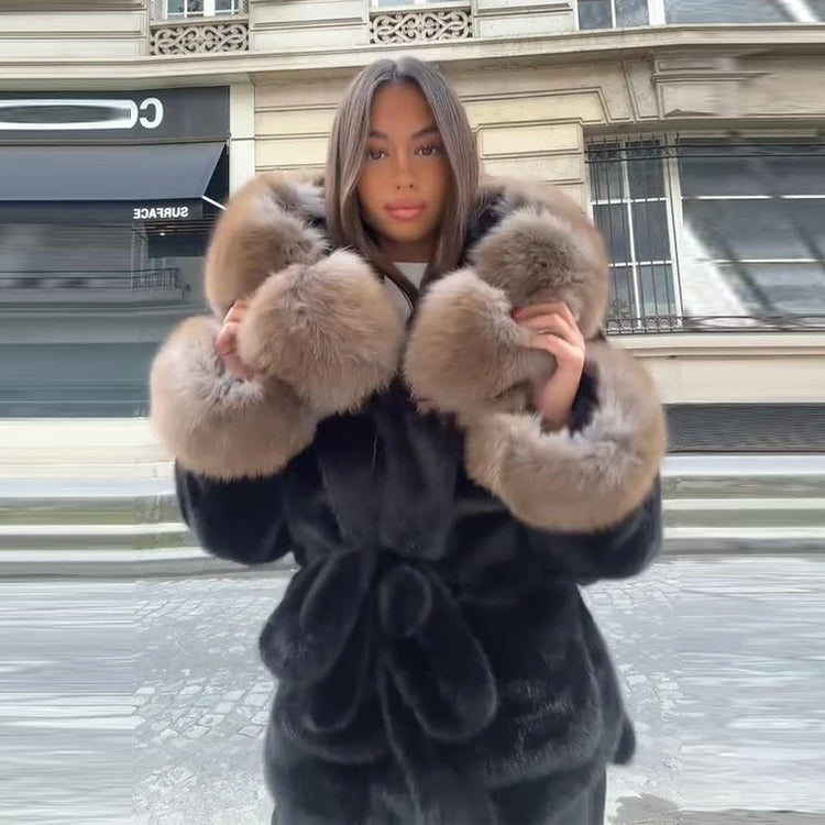 Cotton Lined Furry Fur Collar Belts Jacket Women Fashion Long Sleeve Thicken Warm Female Coat 2025 Winter Street Casual Outwear