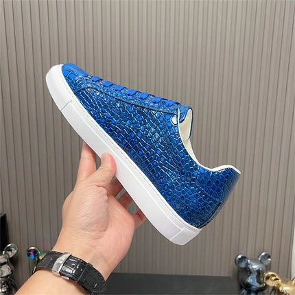 Leather Sneakers Men Calfskin Alligator Pattern Casual Shoes Lace Up Flats Daily Footwear