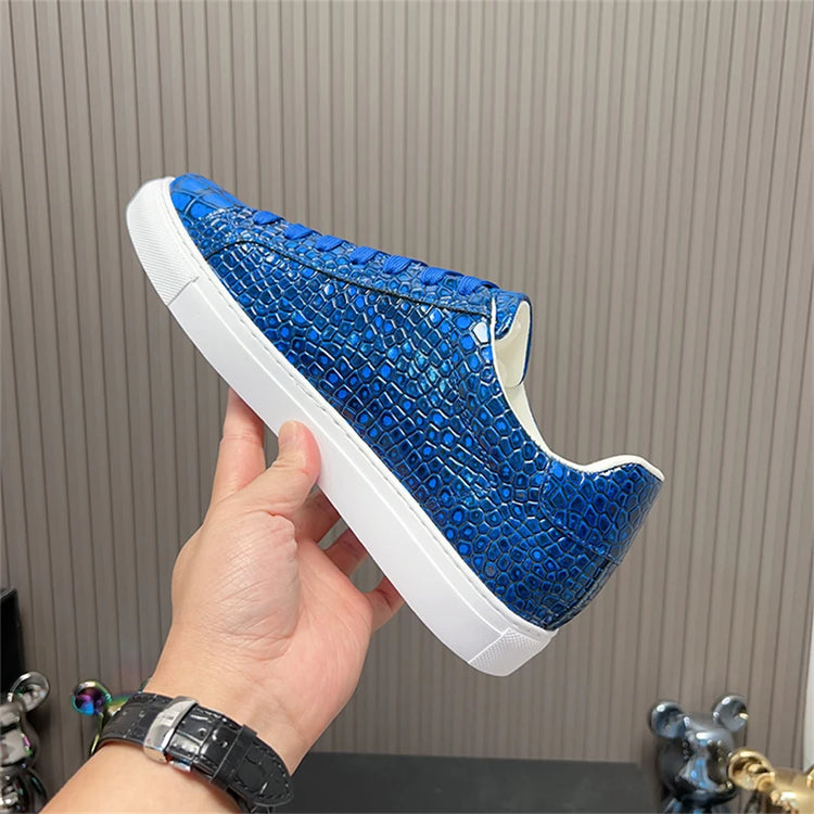 Leather Sneakers Men Calfskin Alligator Pattern Casual Shoes Lace Up Flats Daily Footwear