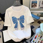 T-shirt da donna a maniche corte girocollo casual con stampa cartoon, oversize, stile Y2K, patchwork, con strass, moda estiva