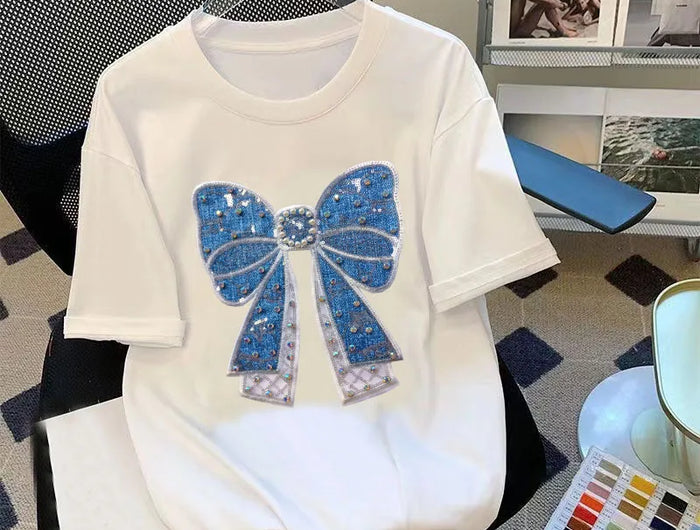 T-shirt da donna a maniche corte girocollo casual con stampa cartoon, oversize, stile Y2K, patchwork, con strass, moda estiva