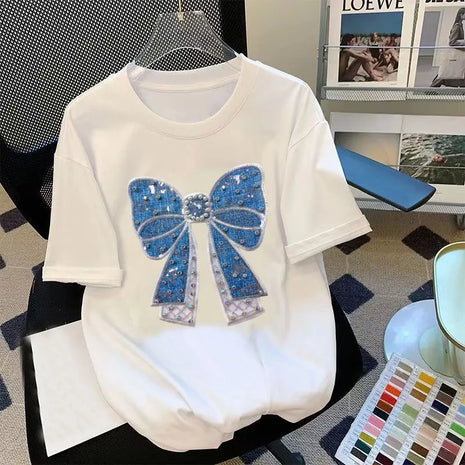 T-shirt da donna a maniche corte girocollo casual con stampa cartoon, oversize, stile Y2K, patchwork, con strass, moda estiva