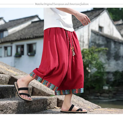 Pantaloncini kimono giapponese Costume da samurai in lino da uomo Ukiyo-e Cintura con stampa Pantaloni a gamba larga Retro Haori Pantaloni casual larghi Harajuku da uomo