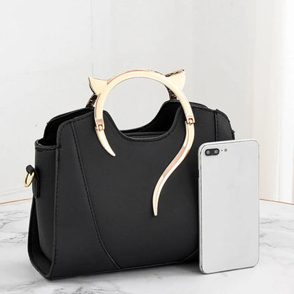 Cat Shaped Handle Women Handbag Trendy And Fashionable, Solid Color, Simple And Casual Crossbody Shoulder Shell Bag PlatiNum