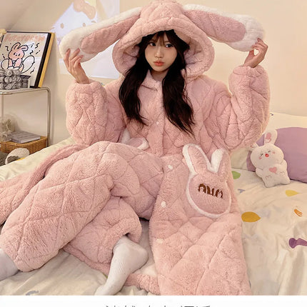 Women Winter Thickened Fleece Bathrobe Can Be Worn Outside Girls Student Hoodie Loose Pajama Two-piece Set Lady Warm Loungewear