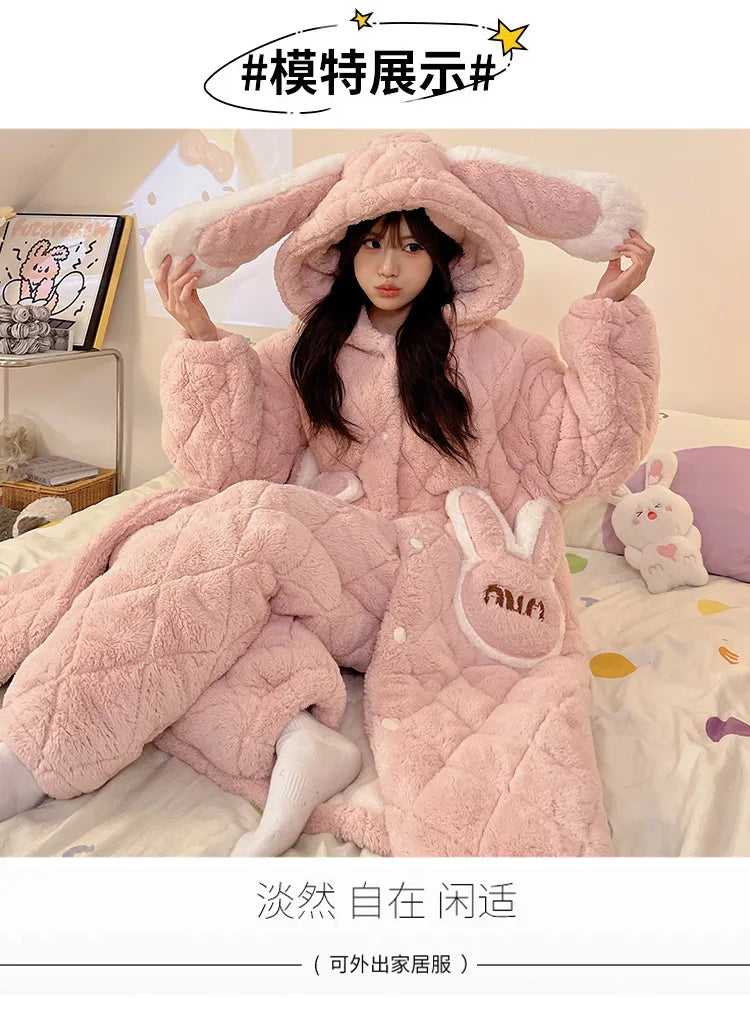 Women Winter Thickened Fleece Bathrobe Can Be Worn Outside Girls Student Hoodie Loose Pajama Two-piece Set Lady Warm Loungewear