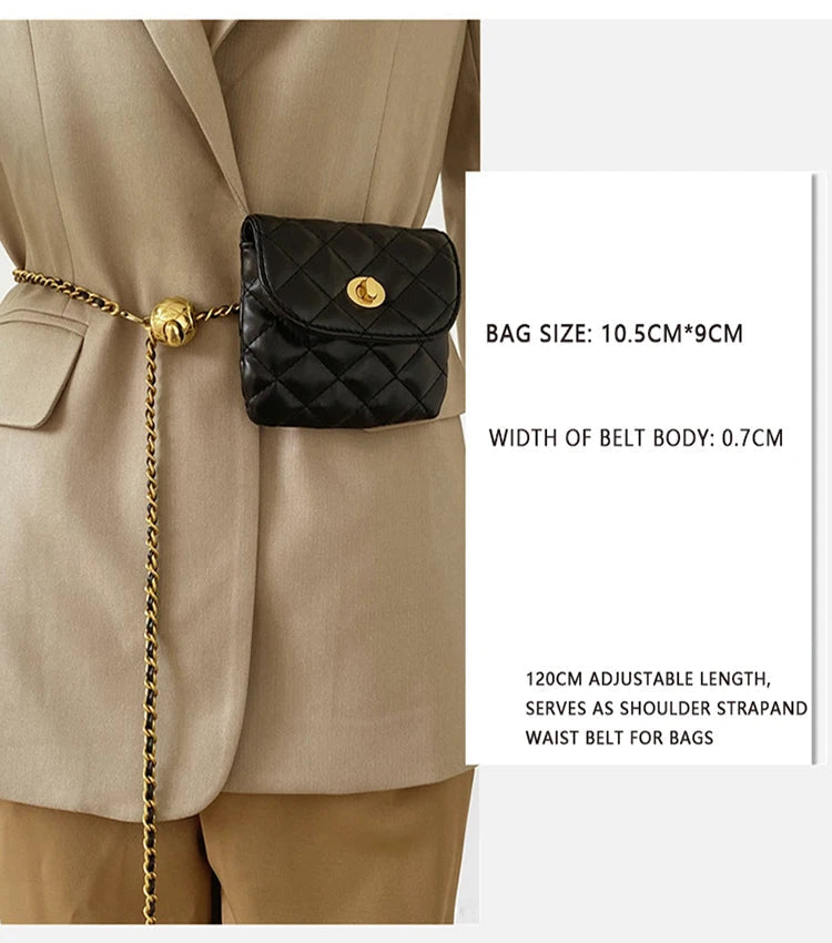Women's Leather Slanting Belt Bag Detachable Adjustable Chain Strap Shoulder Bag Fashion Wallet Hanging Pouch Belt Bag PlatiNum