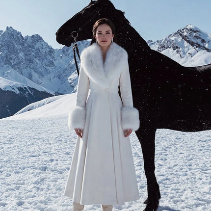 Women Elegant Long Wool Blend Coat Faux Fur Big Collar Cuff Cinched Waist Flare A‑line Maxi Coat Retro Party Outerwear Overcoat