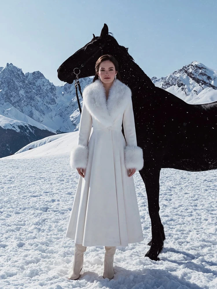 Women Elegant Long Wool Blend Coat Faux Fur Big Collar Cuff Cinched Waist Flare A‑line Maxi Coat Retro Party Outerwear Overcoat
