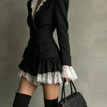 Chic Patchwork Lace Blazer Dress Women Autumn Winter Commute Lapel Long Sleeve Slim Fit Mini Dresses Double Breasted Suit Dress