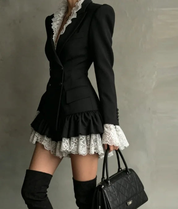 Chic Patchwork Lace Blazer Dress Women Autumn Winter Commute Lapel Long Sleeve Slim Fit Mini Dresses Double Breasted Suit Dress