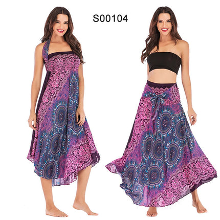 Boho Gonne Donna Rayon Beach Abito lungo Estate Bohemian Jupe Longue Femme Elastico in vita Stampa Fasciatura floreale Halter Hippie platinumshop