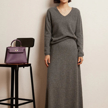 Korean Long Skirt Women's Wave Skirt 100% Cashmere Straight Skirt Knit Autumn Winter Skirt Warm Elegant Casual Knee Length Dress PlatiNum