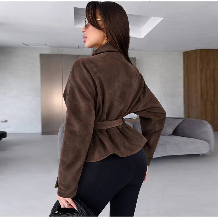 Elegant Suede Women Jacket Turn Down Collar Double Breasted Belt Waist Slim Jackets 2026 Autumn Winter Female Fashion Tops