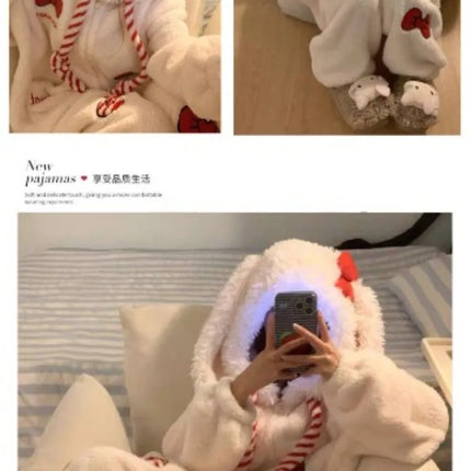 New Sweet and Cute Bow Rabbit One-piece Pajamas Women's Winter New Fleece Thickened Coral Fleece Large Size Loungewear Sleepwear