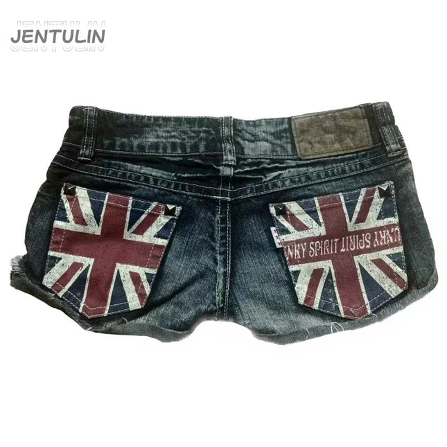 Y2K Flag Graphic Print Fashion British Style Mini Shorts Harajuku Pocket Denim Shorts Women Goth Slim Low Waist Sexy Short Pants