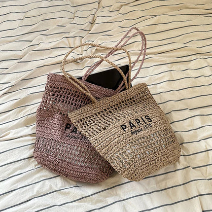 Hylhexyr Women's Letter Embroidered Shoulder Bag Woven Straw Bag Large Capacity Empty Holiday Beach Bags