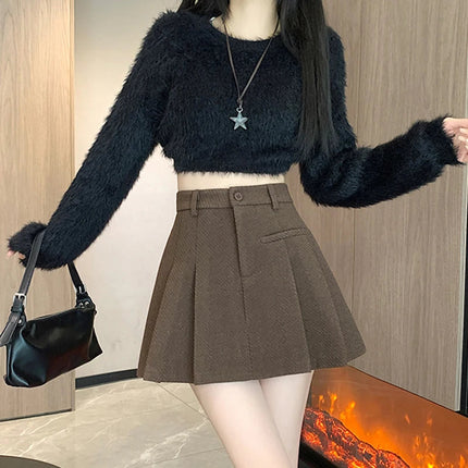 Gidyq Women Wool Mini Skirt Casual Korean Female High Waist Pleated Skirt Harajuku Fashion Streetwear Thick A Line Skirts New PlatiNum