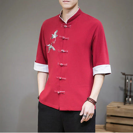 Camicie con ricamo gru Abbigliamento tradizionale cinese vintage Mezza manica da uomo in lino Solido colletto Madarin Cardigan Hanfu Kungfu