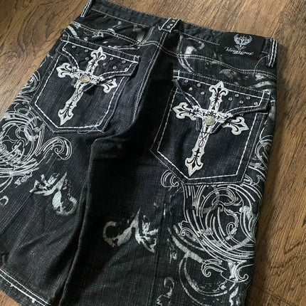 Y2K New American Fashion Pattern Letter Embroidery Baggy Denim Shorts Women Street Vintage Hip Hop Casual Shorts Women Clothing PlatiNum