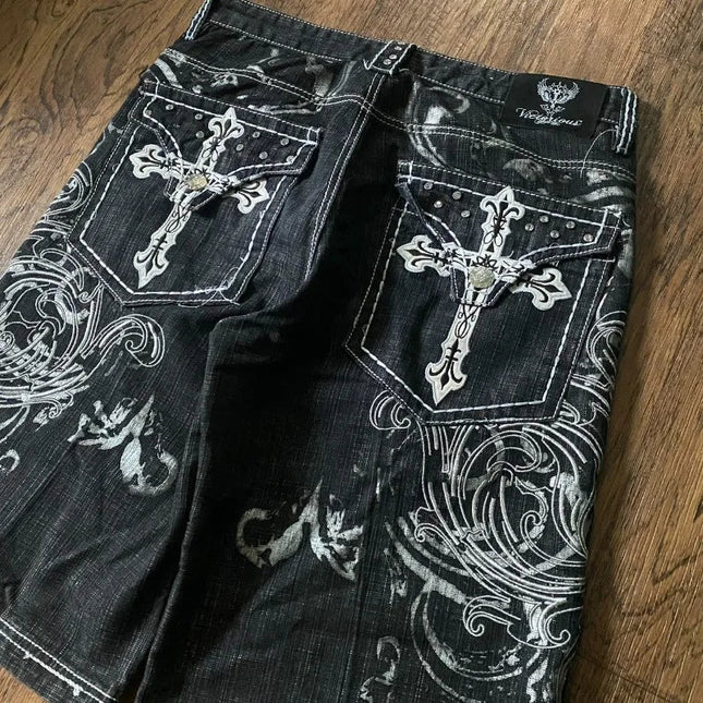 Y2K New American Fashion Pattern Letter Embroidery Baggy Denim Shorts Women Street Vintage Hip Hop Casual Shorts Women Clothing PlatiNum