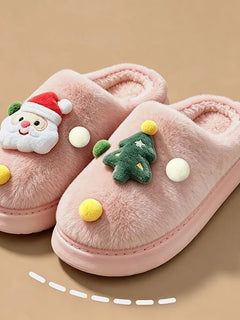 Christmas Plush Home Slippers Women Cute Cartoon Soft Sole Platform Cotton Slippers Couples Non Slip Warm Indoor Fur Slides