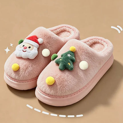 Christmas Plush Home Slippers Women Cute Cartoon Soft Sole Platform Cotton Slippers Couples Non Slip Warm Indoor Fur Slides