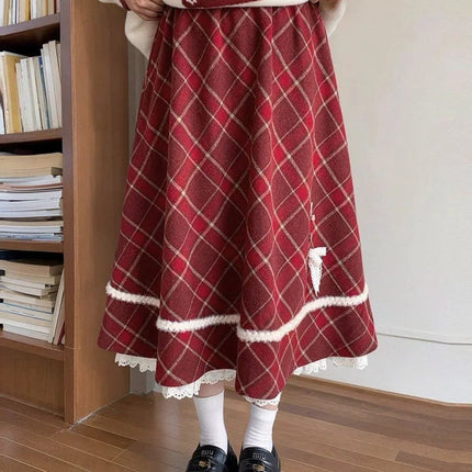 Sweet Red Plaid Long Skirt Women Vintage Faux Woolen Bow Cute Skirts Lace Patchwork High Waist Korean Elegant Warm Long Skirts PlatiNum