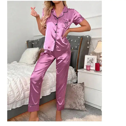 Lussuoso pigiama in raso per donna 2 pezzi pigiama Set tasca cuore ricama pigiameria autunno manica lunga top e pantaloni pigiama femminile platinumshop