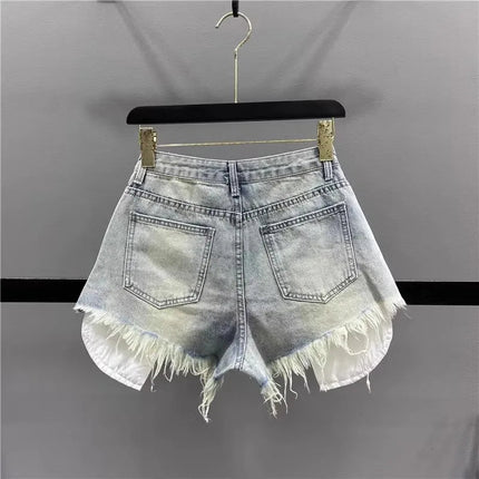 Tassel Piercing Denim Shorts for Women 2026 Summer New Style Spicy Girl High Waist Show Thin A-line Wide Leg Cowboy Short Pants PlatiNum
