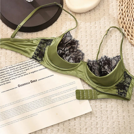 MOYISU No‑Wire French Lace Half‑Cup Bra Set Women Ultra‑Thin Transparent Green Lingerie, Daily Brassiere 32‑38 AB for Small Bust