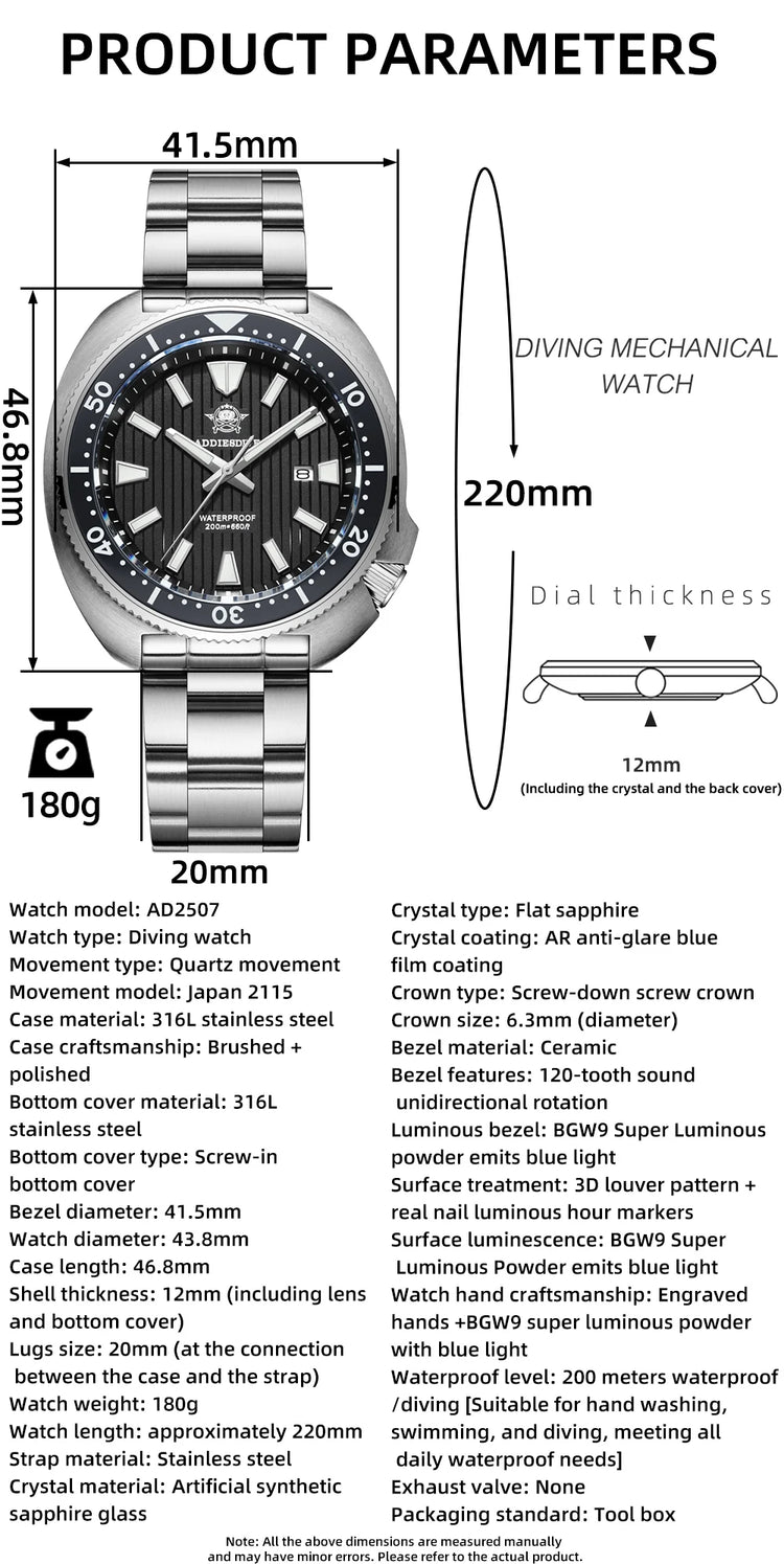 ADDIESDIVE New 200M Waterproof Quartz Watch Sapphire Crystal BGW9 Luminous Ceramic Bezel Stainless Steel Diving Watch AD2507