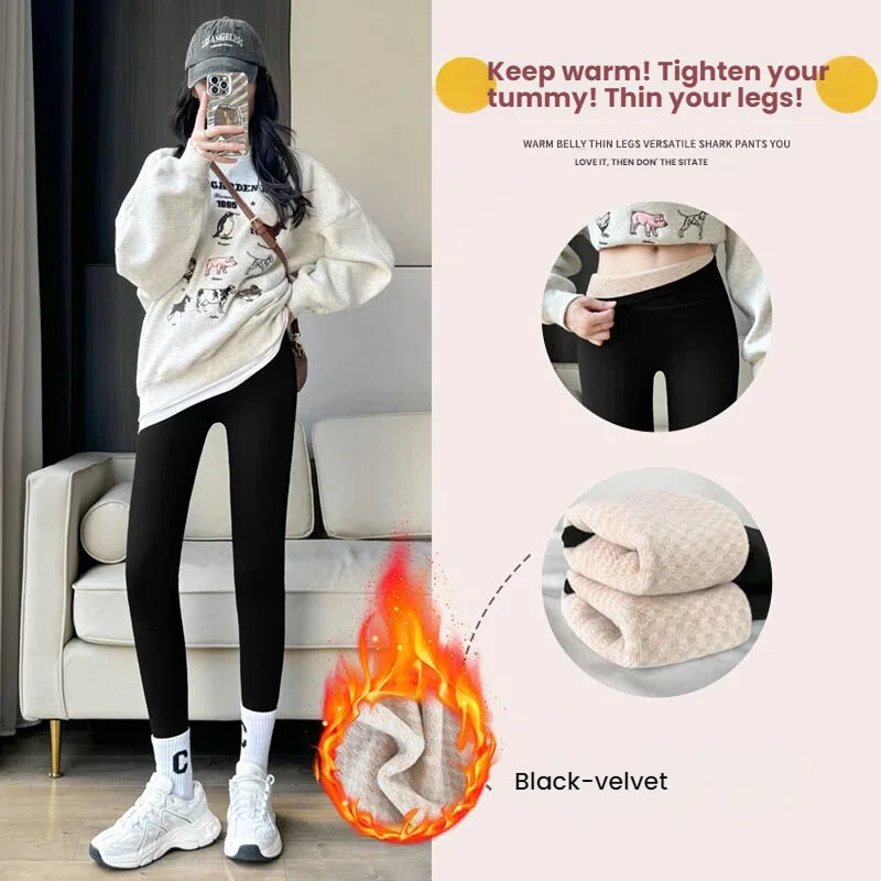 Women's Shark Leggings Fleece Lined  Winter Warm Tummy Control Thermal Pants High Waist Slimming Figure Long trousers Plus Size