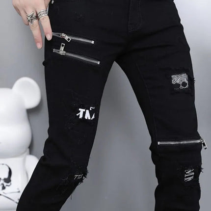 2024 Spring and Autumn Fashion Trend Black Straight Leg Ripped Jeans Men's Casual Comfort Breathable High-Quality Denim Pants PlatiNum