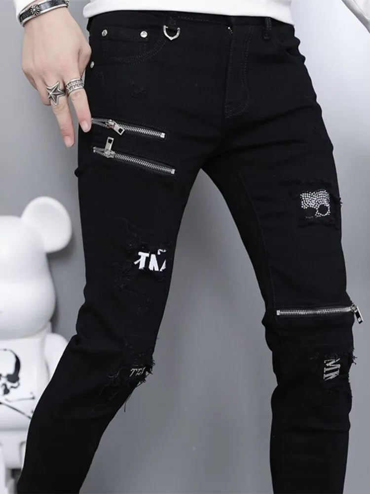 2024 Spring and Autumn Fashion Trend Black Straight Leg Ripped Jeans Men's Casual Comfort Breathable High-Quality Denim Pants PlatiNum