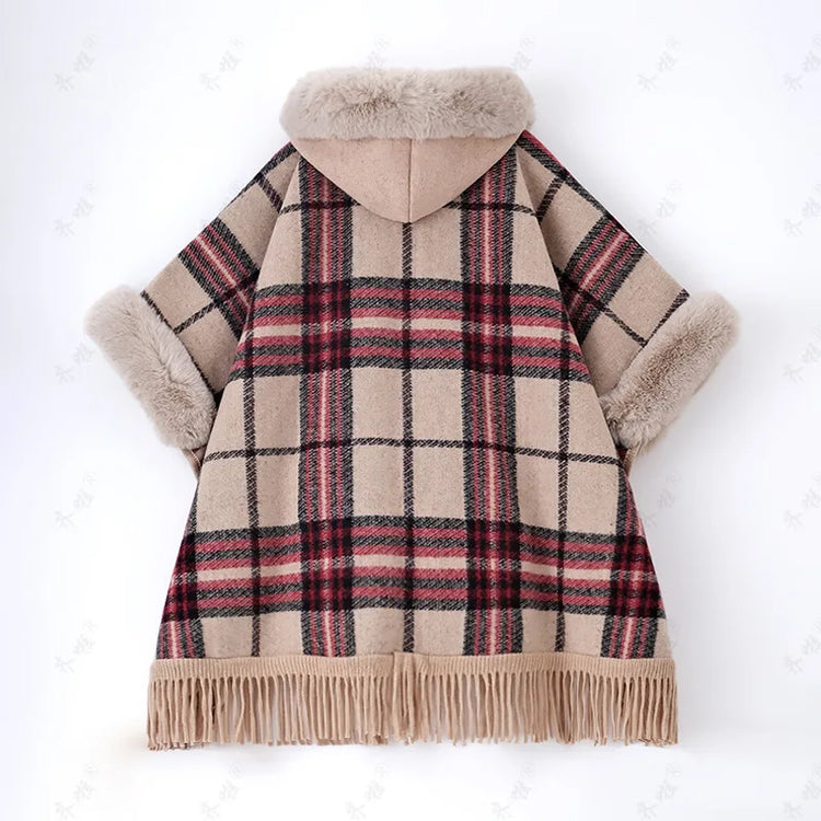 Faux Rabbit Fur Capes Coats Women Plaid Poncho Jackets Tassel Hooded Batwing Sleeves Open Stitch Loose Casual 2025 Autumn Winter