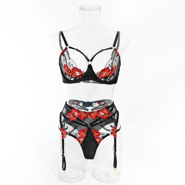 Krasapt Luxury Floral Embroidery Lingerie 2Pcs Sets Sensual Mesh See Through Bra And Panty Garter Erotic Suits Delicate Bilizna