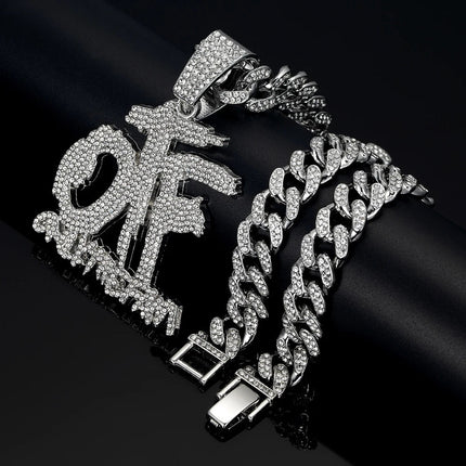 Hip Hop Fashion English Letter OTF Pendant Cuban Chain Necklace,  Suitable For Daily Wear By Men And Women , Rock Party Jewelry PlatiNum