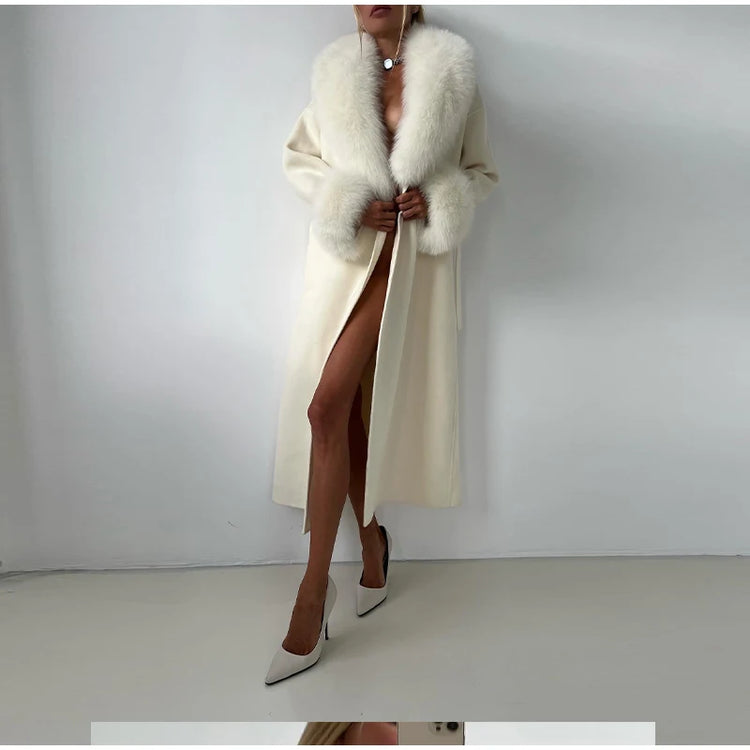 White Fur Patchwork Lace-up Overcoats Women's Street V-neck Full Sleeve Long Woolen Coat 2025 Winter New Ladies Thick Outwear