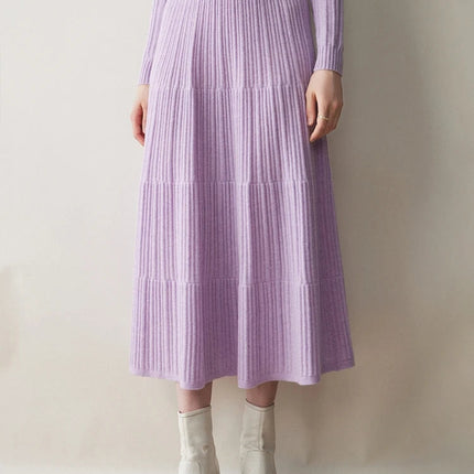 Autumn Winter Women Tiered Skirt Cashmere A-line Pleated Skirt Elastic Waist 100% Cashmere Knitted High Quality Soft Solid Dress PlatiNum