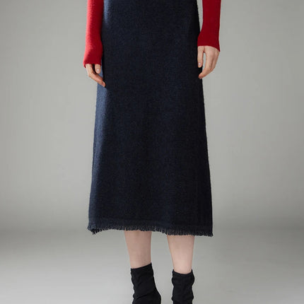 Women Cashmere A-Line Tassel Skirt High Waist Office Lady Retro Autumn Winter 100% Cashmere Knitwear Graceful Regular Fit Dress PlatiNum