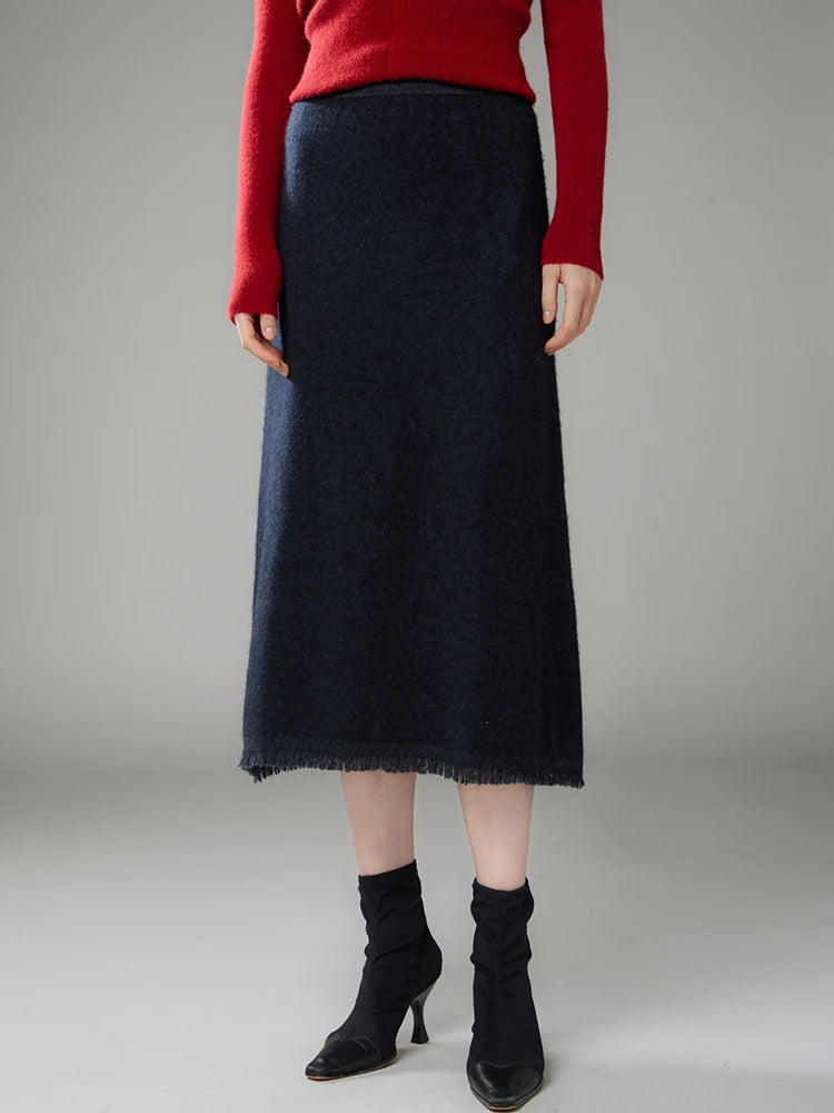 Women Cashmere A-Line Tassel Skirt High Waist Office Lady Retro Autumn Winter 100% Cashmere Knitwear Graceful Regular Fit Dress PlatiNum