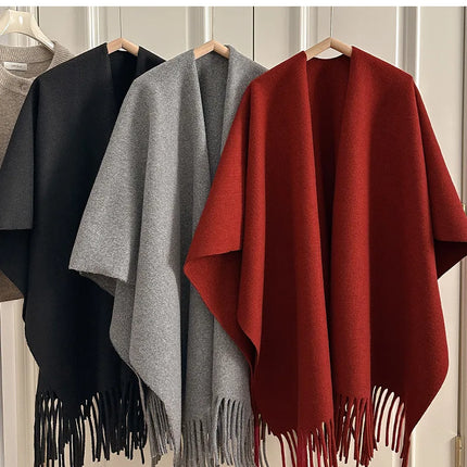 Women Split‑Open Woolen Tassel Poncho Shawl Thick Warm Cape Coat Autumn Winter Travel Photography Outer Wrap