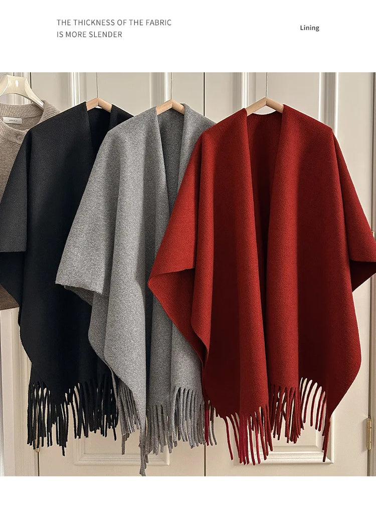 Women Split‑Open Woolen Tassel Poncho Shawl Thick Warm Cape Coat Autumn Winter Travel Photography Outer Wrap