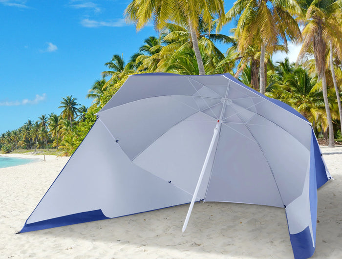 Outsunny Beach Umbrella Ø2.1x2.2 m with Side Flap, Carry Bag and Stakes, Garden Umbrella with 8 Ribs and 2-Section Metal and Polyester Design, UV50+, Blue