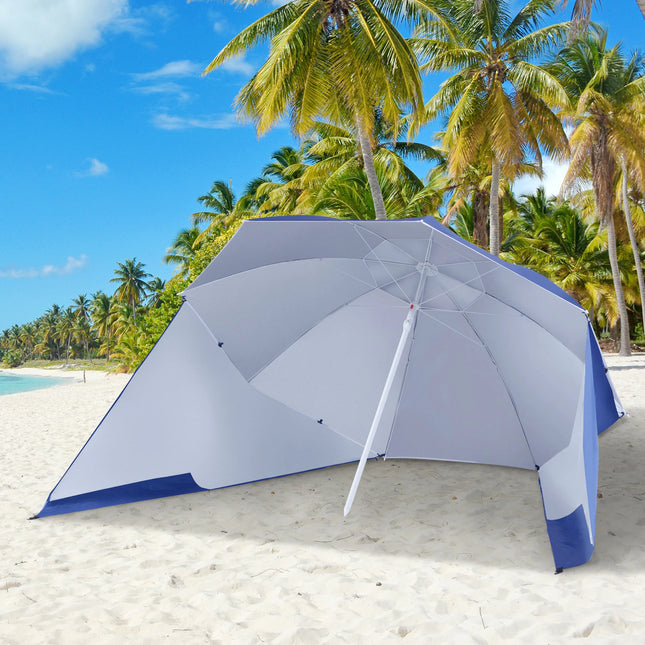 Outsunny Parasol de Plage Ø2,1x2,2 m avec Jupe Latérale, Sac de Transport et Sardines, Parasol de Jardin avec 8 Baleines et Conception à 2 Sections en Métal et Polyester, UV50+, Bleu