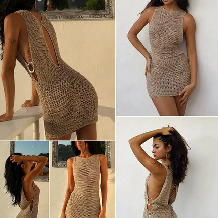 2024 Estate Sexy Un Collo Cut-Out Cerchio Decorazione Corsetto Sottile Spiaggia Mini Vestito Delle Donne Mare Beachwear Costumi da Bagno Cover Up A2796 platinumshop