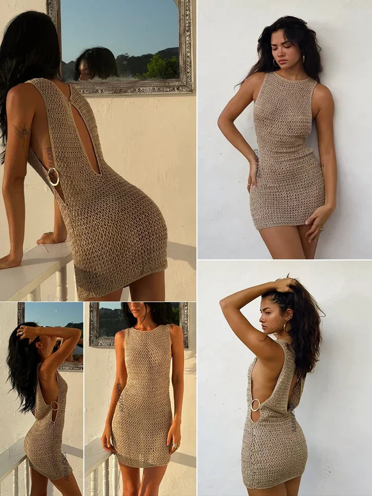 2024 Estate Sexy Un Collo Cut-Out Cerchio Decorazione Corsetto Sottile Spiaggia Mini Vestito Delle Donne Mare Beachwear Costumi da Bagno Cover Up A2796 platinumshop