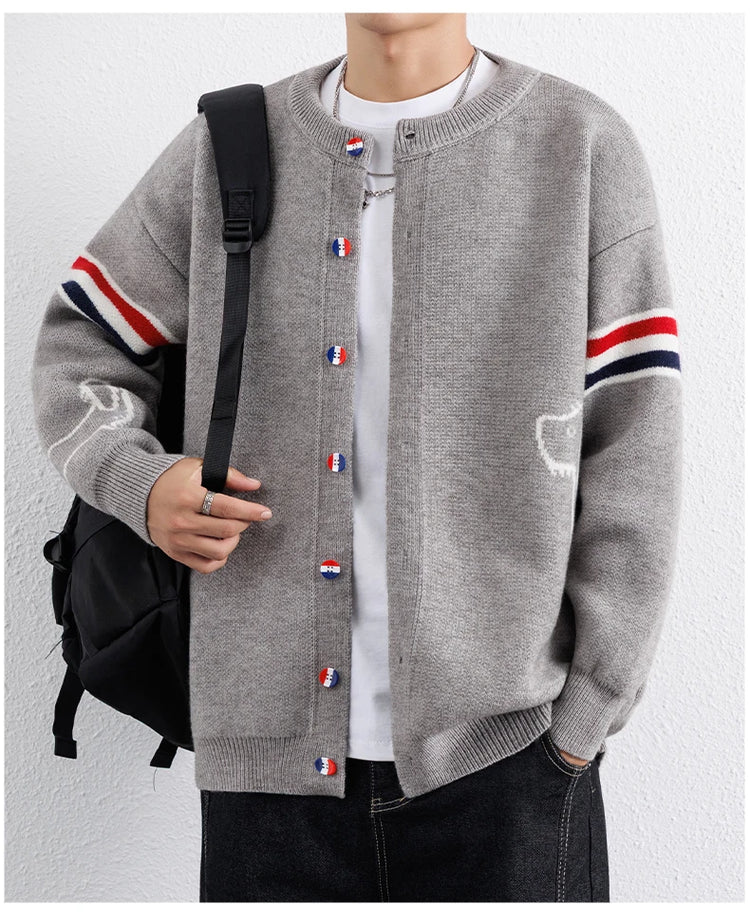 Designer Brand Long Sleeve Knitted Cardigan Men's New Trend Color Blocked Button Design Couple's Casual Warm Round Neck Coat